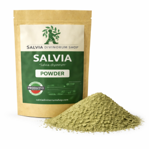 Salvia divinorum powder displayed in close-up, showing fine texture and natural color variation