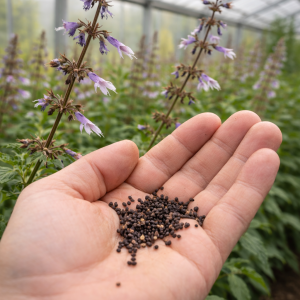 Salvia divinorum seeds shown in close-up, highlighting natural size and surface texture